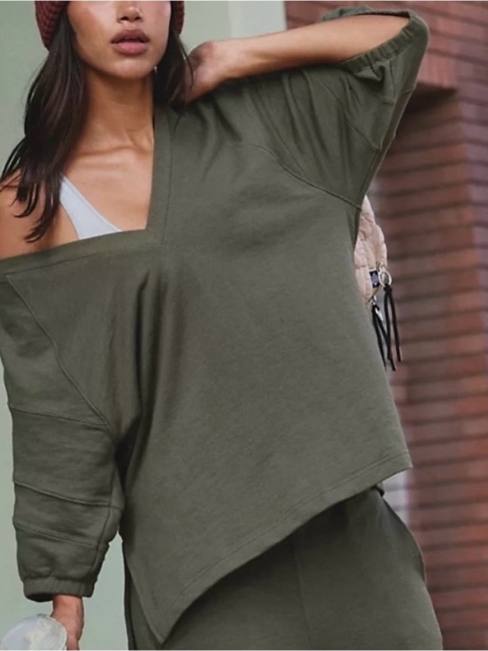 Free People Women's Olive Green V-Neck Sweatshirt